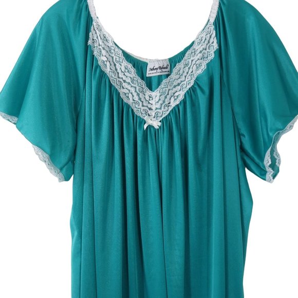 Vintage Anthony Richards Teal Green Nylon Night Gown 2X White Lace Trim - Picture 4 of 10